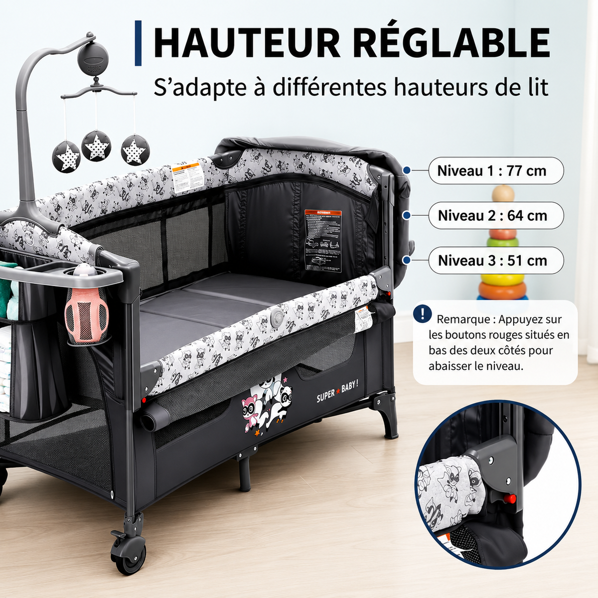 Lit de Chevet Pliable 5-en-1 pour Bébé