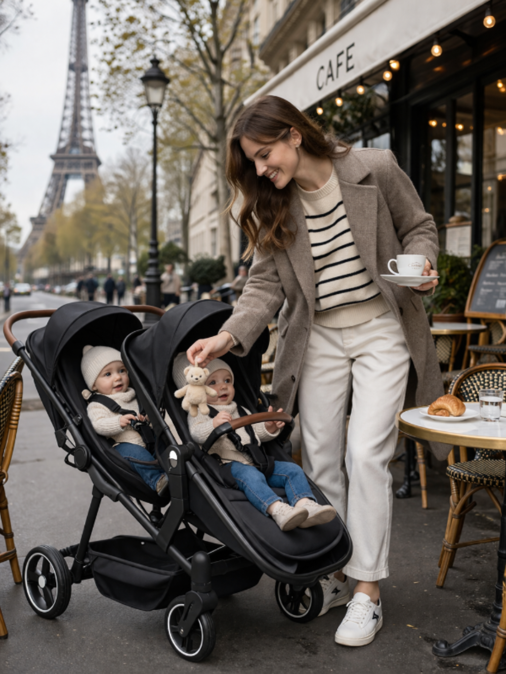 Poussette double pliable et multifonctionnelle