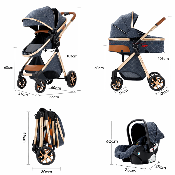 Poussette 3-en-1 Pratique avec Détails en Cuir