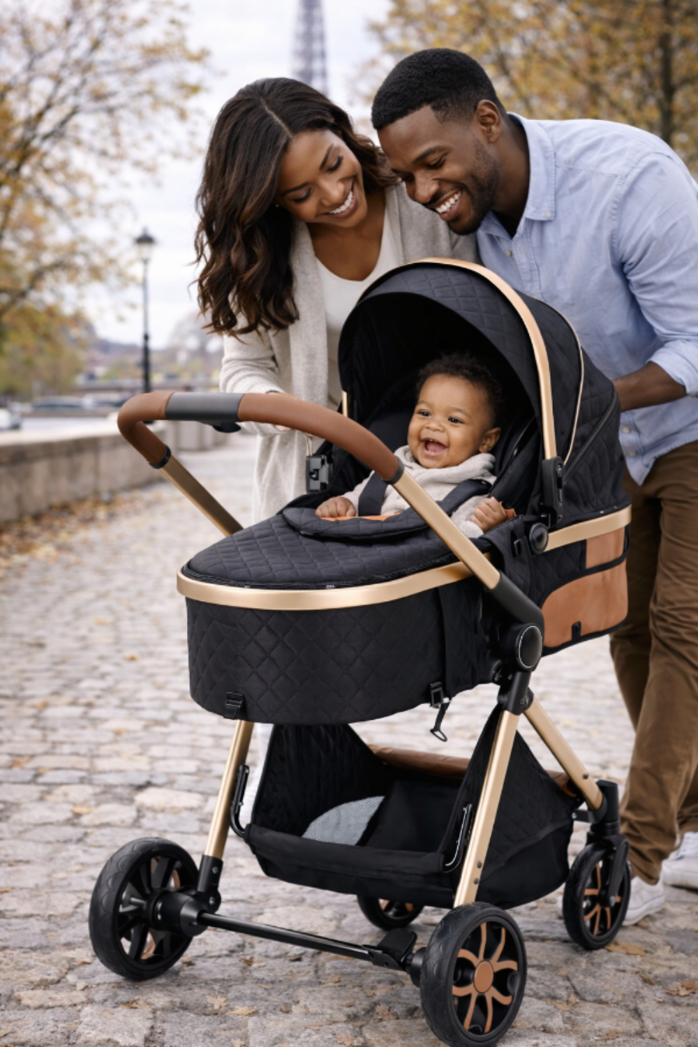 Poussette 3-en-1 Pratique avec Détails en Cuir