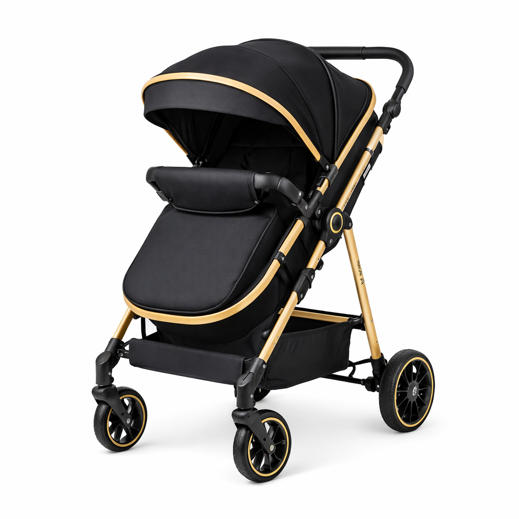 Poussette 3-en-1 Noire et Dorée, Pratique et Polyvalente