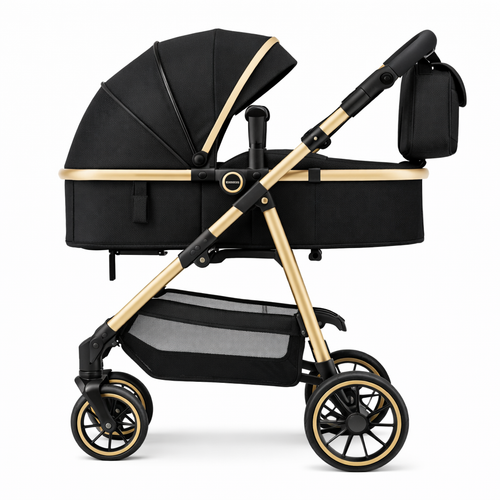 Poussette 3-en-1 Noire et Dorée, Pratique et Polyvalente